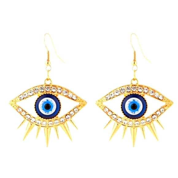 Evil Eye Rhinestone Earrings Blue Eyes Glam (BIN2) - Picture 2 of 5